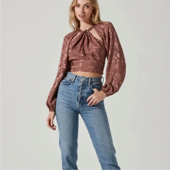 Astr The Label Women’s Betsy Floral Jacquard Cutout Long Sleeve Top Small - Picture 2 of 6